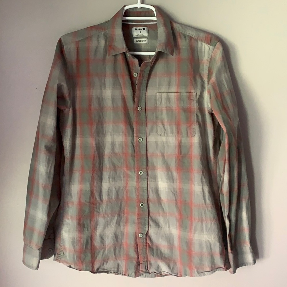Hurley Men’s Gray/Red Long Sleeve Button Down